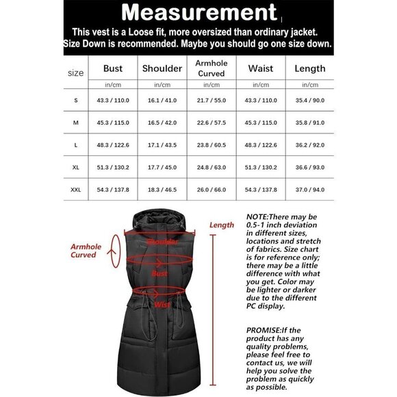 Women Long Loose Puffer Vest  Quilted Hooded Spring Fall Oversized Thermal Gilet - Picture 6 of 6